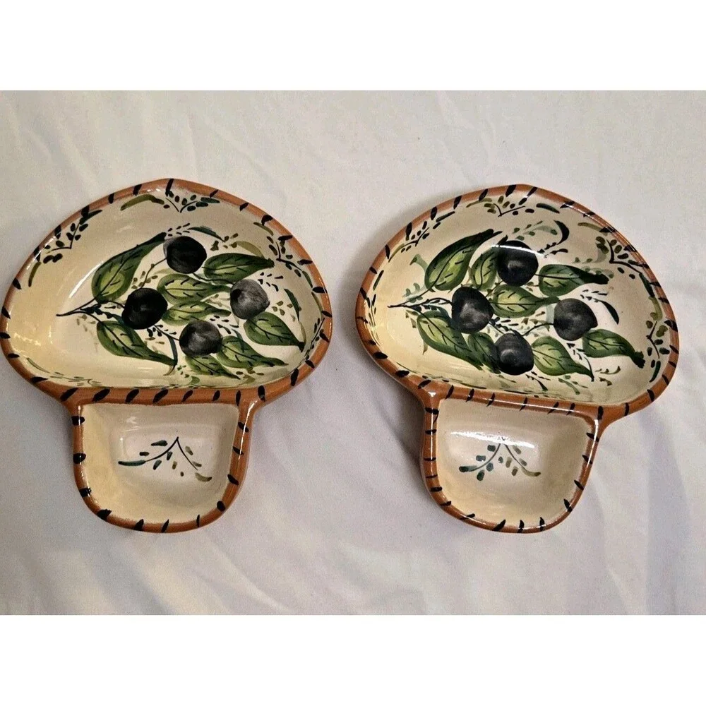 Vintage Casafina Olive dish With Sidecar Hand Painted, Signed Portugal Pottery.